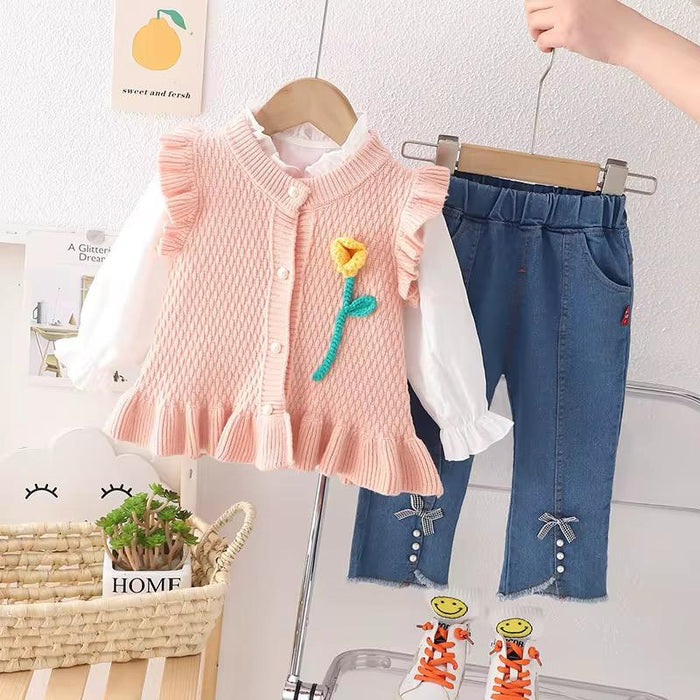 3pcs Girls Sleeveless Sweater & Jean Pants