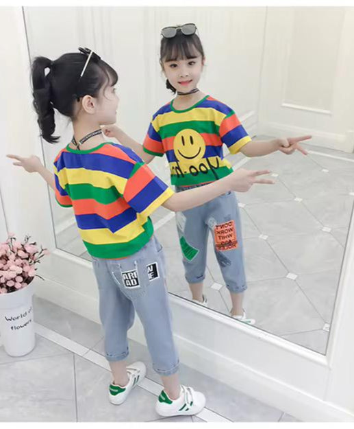 Cute Smile Denim Pant with Colorful Stripped T-shirt