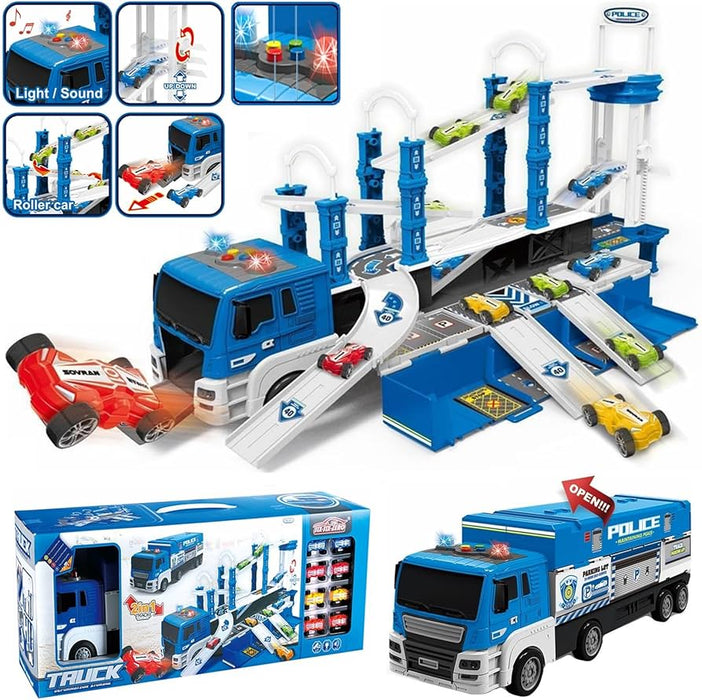 Best Selling Kids 2 in 1 Police Series Friction Storage Car Toys Vehicle Transport Car Carrier Truck With Race Track