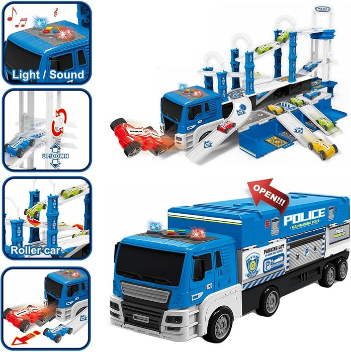 Best Selling Kids 2 in 1 Police Series Friction Storage Car Toys Vehicle Transport Car Carrier Truck With Race Track