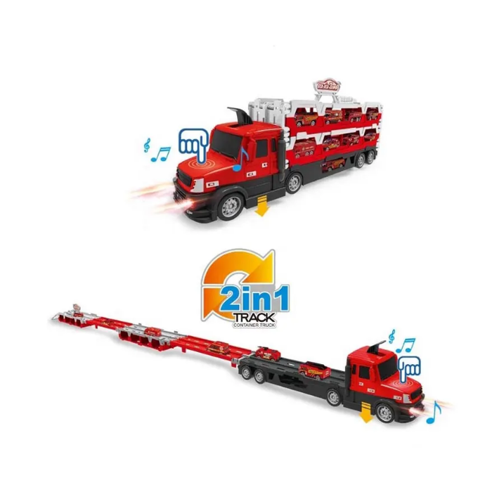 2 in 1 Folded Storage Transport Truck Deformation Track Catapult Alloy Fire Engine Vehicles Trailer Truck Toy with Light Sound