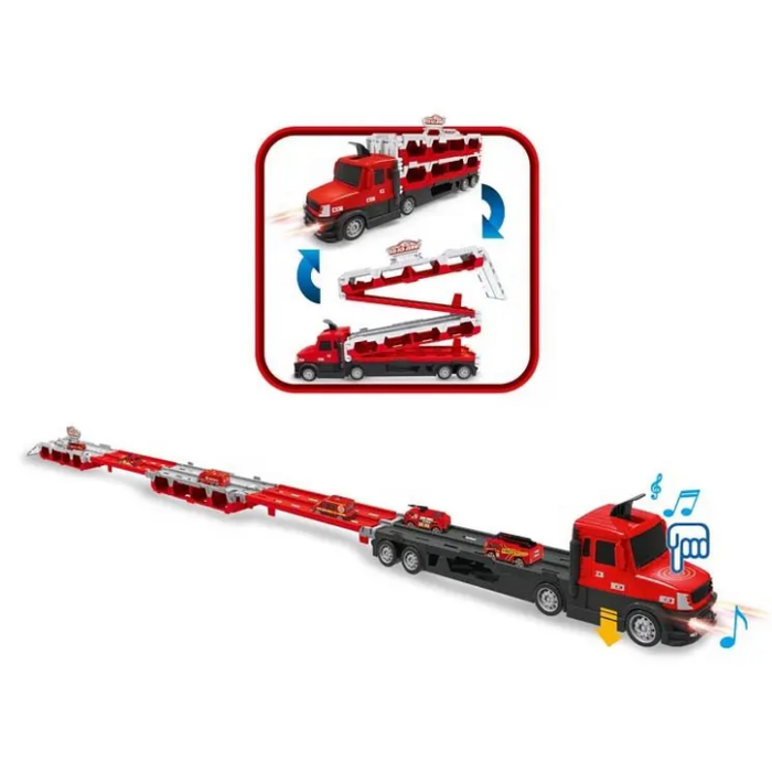 2 in 1 Folded Storage Transport Truck Deformation Track Catapult Alloy Fire Engine Vehicles Trailer Truck Toy with Light Sound