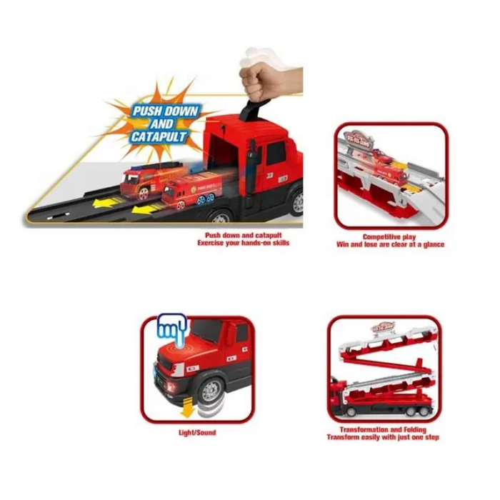 2 in 1 Folded Storage Transport Truck Deformation Track Catapult Alloy Fire Engine Vehicles Trailer Truck Toy with Light Sound