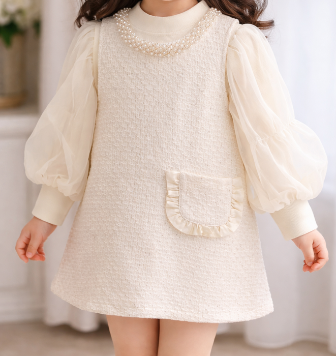 2pc Girls Dress with Pearl Beaded Neckline