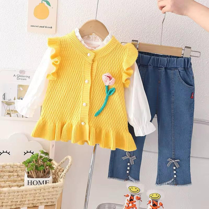 3pcs Girls Sleeveless Sweater & Jean Pants