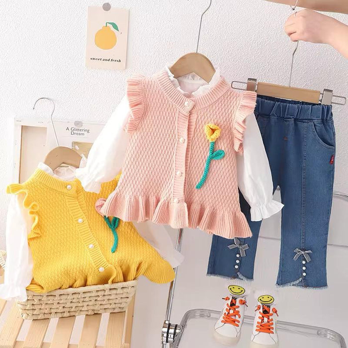 3pcs Girls Sleeveless Sweater & Jean Pants