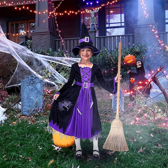 Witch Costume Halloween Party Fancy Dress Up Deluxe Set with Hat Skirt for Girls