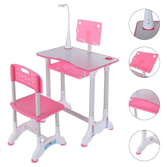 Height Adjustable Kids Combined Study Table and Chair Set with LED Light