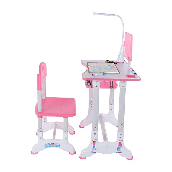 Height Adjustable Kids Combined Study Table and Chair Set with LED Light