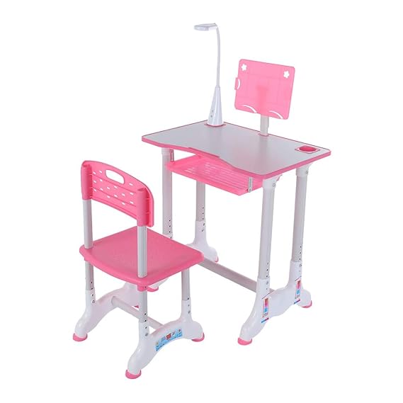 Height Adjustable Kids Combined Study Table and Chair Set with LED Light