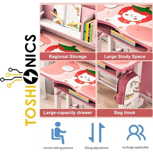 Adjustable Kids Study Desk And Chair Set Educational Table with Bookshelf Drawer