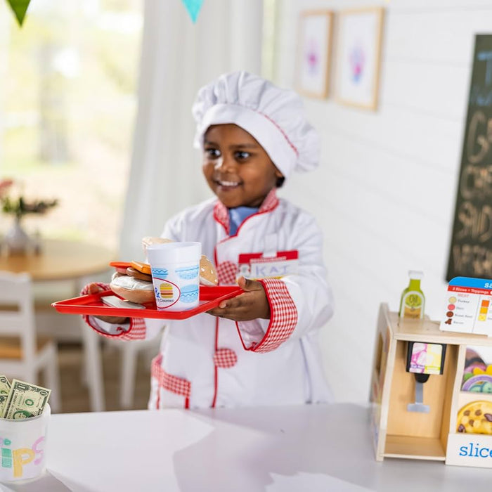 Kids Chef Costume 8-Piece Role Play Outfit
8 Pieces, Pretend Play Chef, Jacket, Hat, Oven Mitt, Wooden Utensils, Cooking Dress Up Set, Preschool Toys for Kids, Ages 3-8