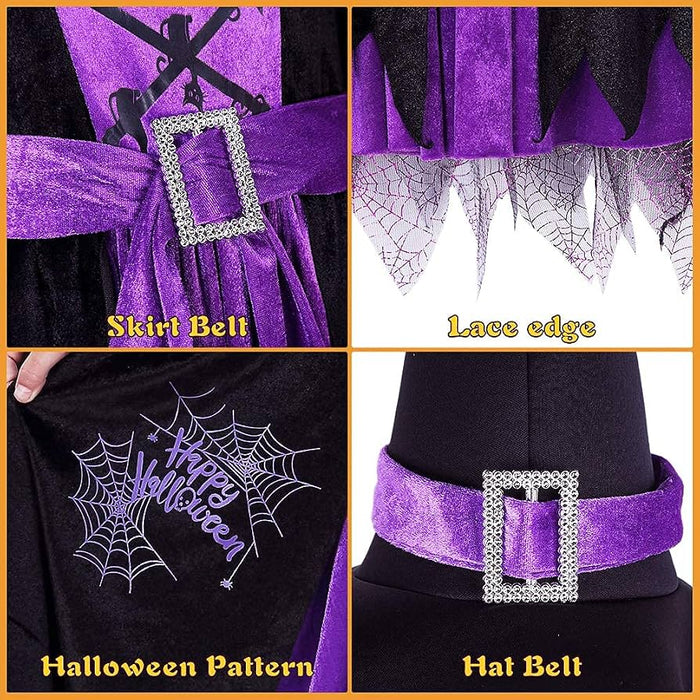 Witch Costume Halloween Party Fancy Dress Up Deluxe Set with Hat Skirt for Girls