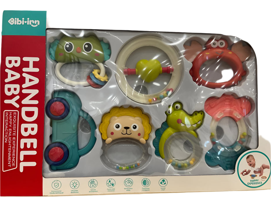 7Pcs in a Set Baby Rattle Toy Set Soft Silicone Teether and Rattle Toys Sensory Learning Rattle and Teether Gifts for Babies