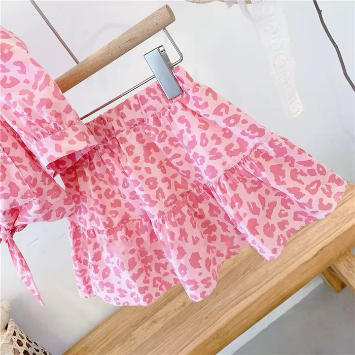 2pc Pink & White Tie Front Shirt and Skirt Set.