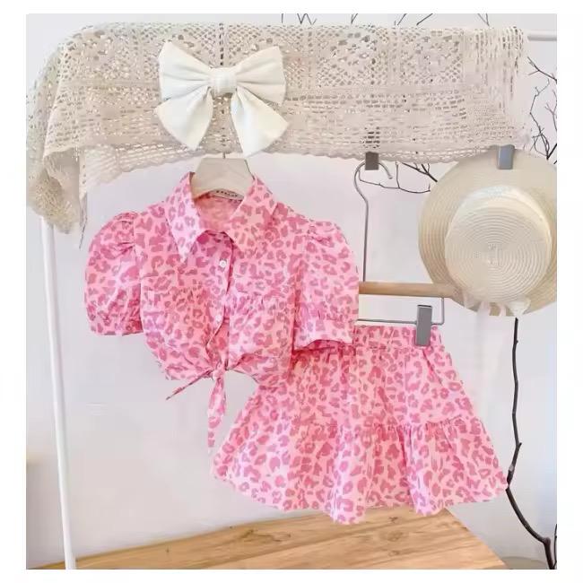 2pc Pink & White Tie Front Shirt and Skirt Set.