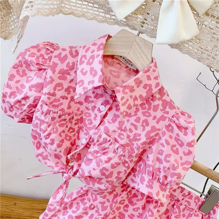 2pc Pink & White Tie Front Shirt and Skirt Set.