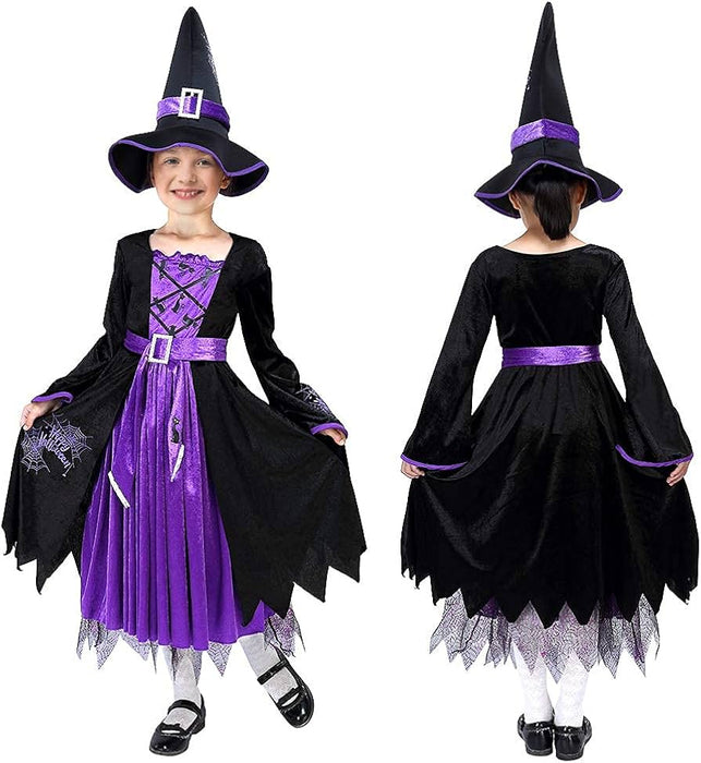 Witch Costume Halloween Party Fancy Dress Up Deluxe Set with Hat Skirt for Girls