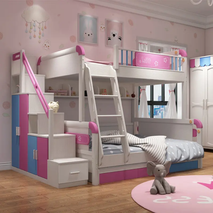 XINSHIYI Customized Nordic Pink Solid Wood Premium Kid's Bedroom Cartoon Furniture Set