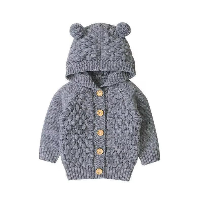 New Arrival Baby Cute Hooded Sweater Knitted Infant Solid Color Button Outfit Outwear Cardigan