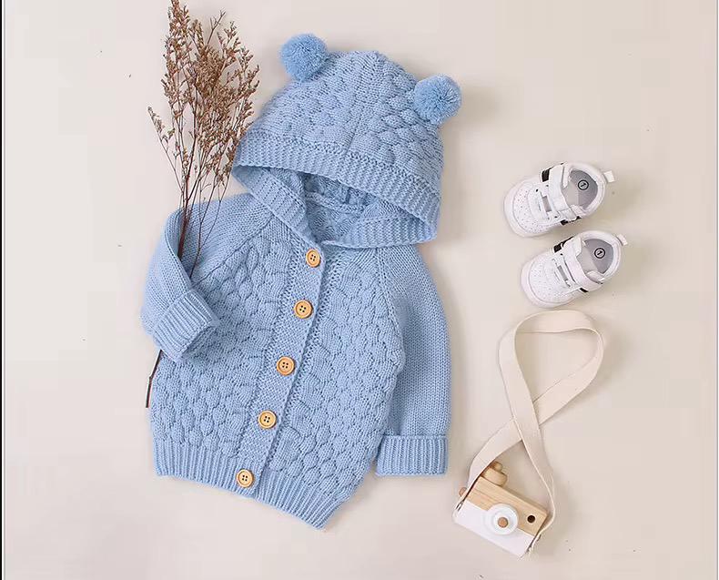 New Arrival Baby Cute Hooded Sweater Knitted Infant Solid Color Button Outfit Outwear Cardigan