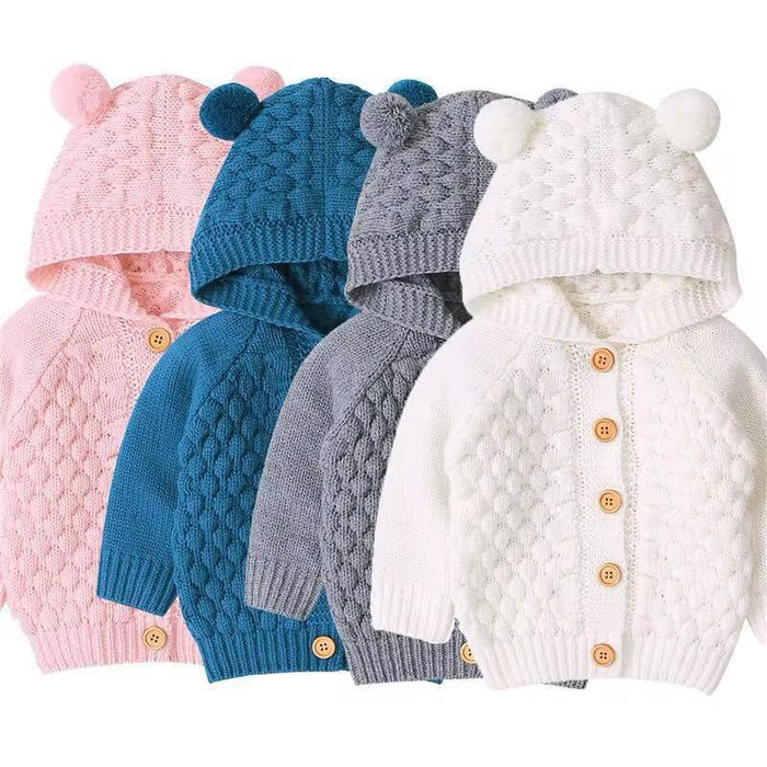 New Arrival Baby Cute Hooded Sweater Knitted Infant Solid Color Button Outfit Outwear Cardigan