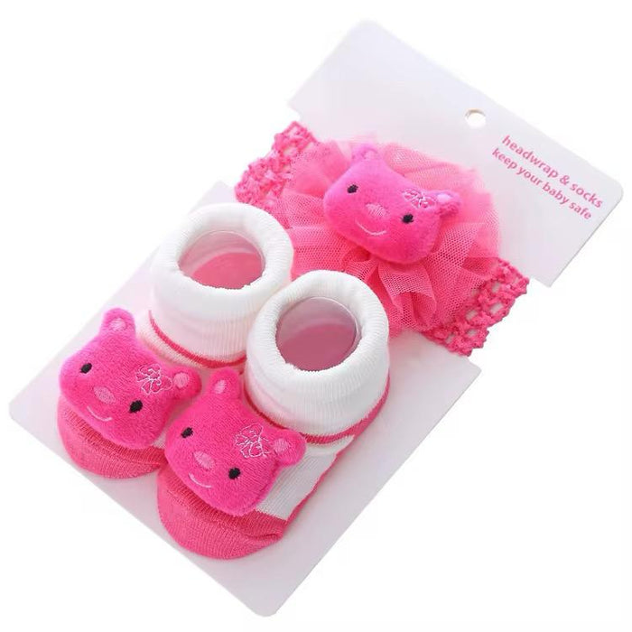 Cartoon Animal Head 3D Baby Socks With Baby Headband Gift Set