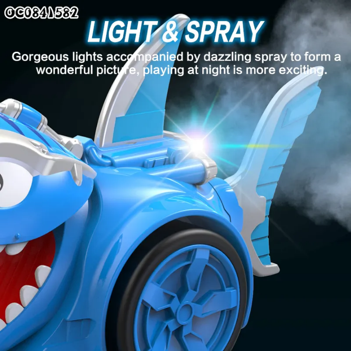 5-channel 360 rotation mist spray remote control mouth openable shark smoking rc car toy with light for kids