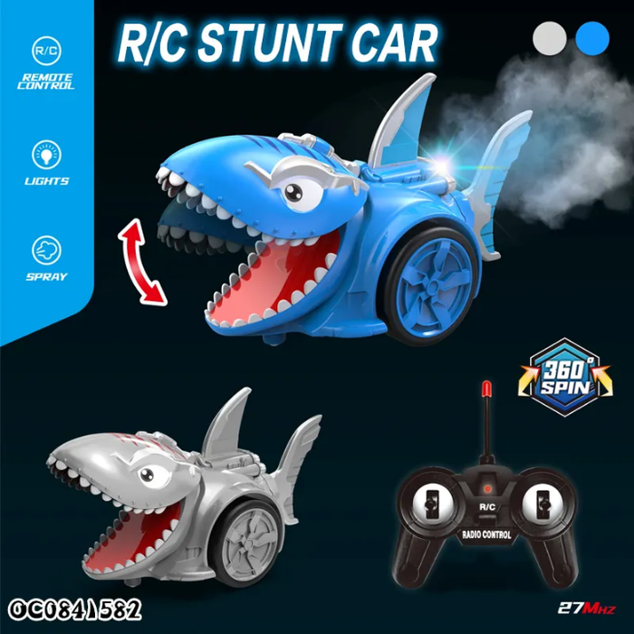 5-channel 360 rotation mist spray remote control mouth openable shark smoking rc car toy with light for kids