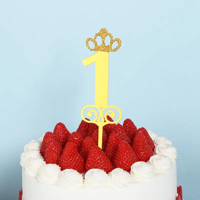 Golden Acrylic Cake Topper Number 0-9 With Glitter Crown for Anniversary Birthday Party