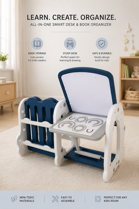 2-in-1 Kids Drawing Board & Book Storage Shelf