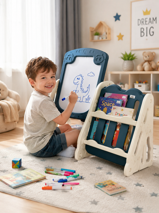 2-in-1 Kids Drawing Board & Book Storage Shelf