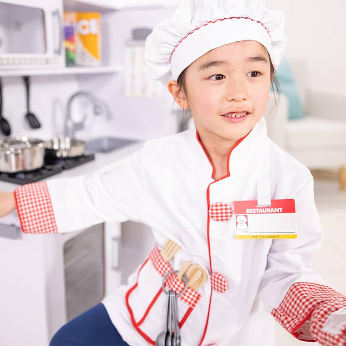 Kids Chef Costume 8-Piece Role Play Outfit
8 Pieces, Pretend Play Chef, Jacket, Hat, Oven Mitt, Wooden Utensils, Cooking Dress Up Set, Preschool Toys for Kids, Ages 3-8
