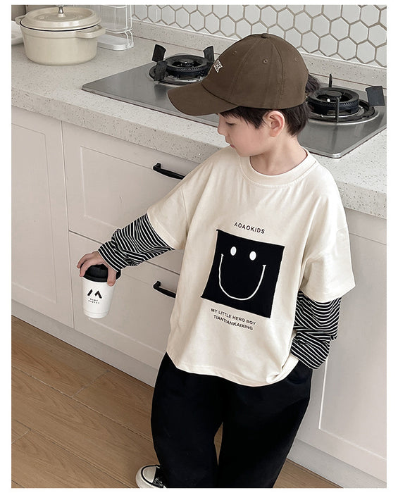YOEHYAUL Cartoon Fake Two T-shirt Children's Boys Girls Oversize Hoodies and Sweatshirts Tshirt for Boys Custom Kids T Shirt