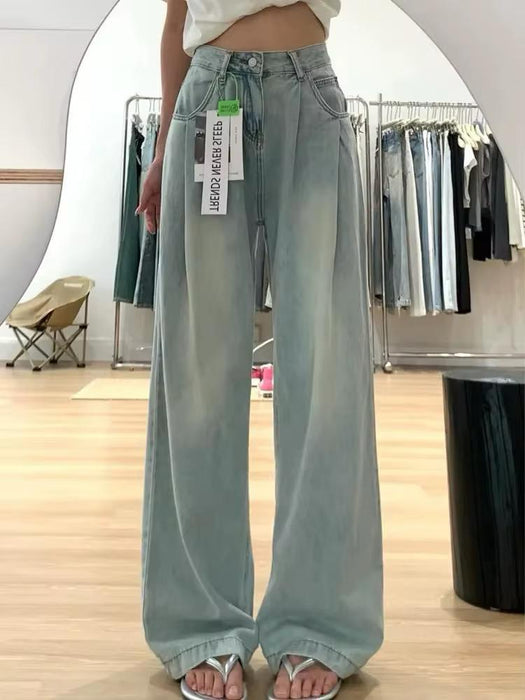 2025 New Fashion Retro Loose Comfortable High-Waisted Washed Wide-Leg Women's Jeans European American Style Daily Leisure