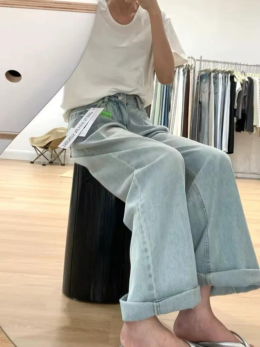 2025 New Fashion Retro Loose Comfortable High-Waisted Washed Wide-Leg Women's Jeans European American Style Daily Leisure