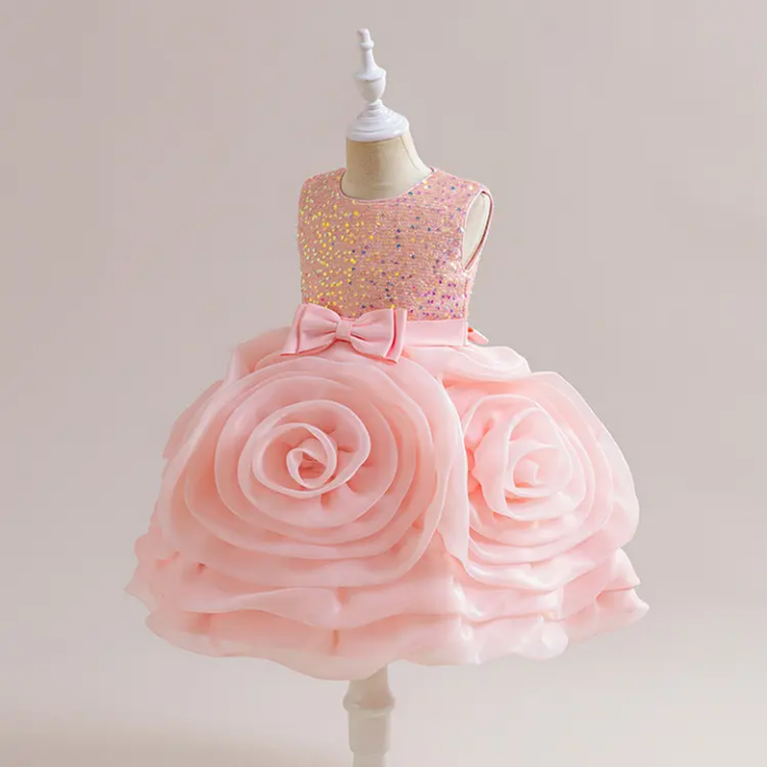New Fashionable Satin Floral Dress for Girls Elegant Party & Wedding Frock With Sleeveless Bow