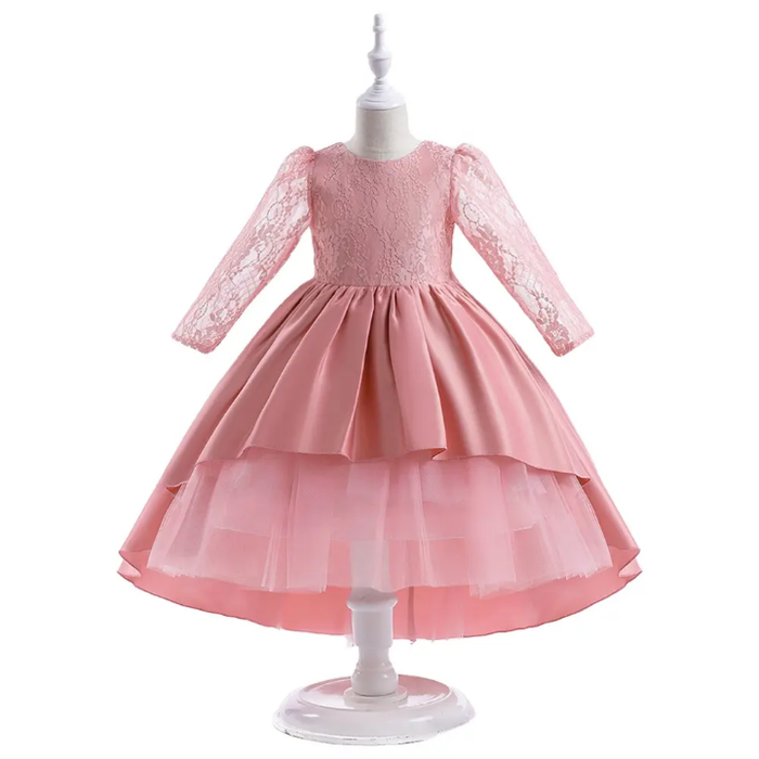 rincess Dress Long Sleeve Satin Piano Birthday Bowknot High-end Dress for Girl Summer Seasons