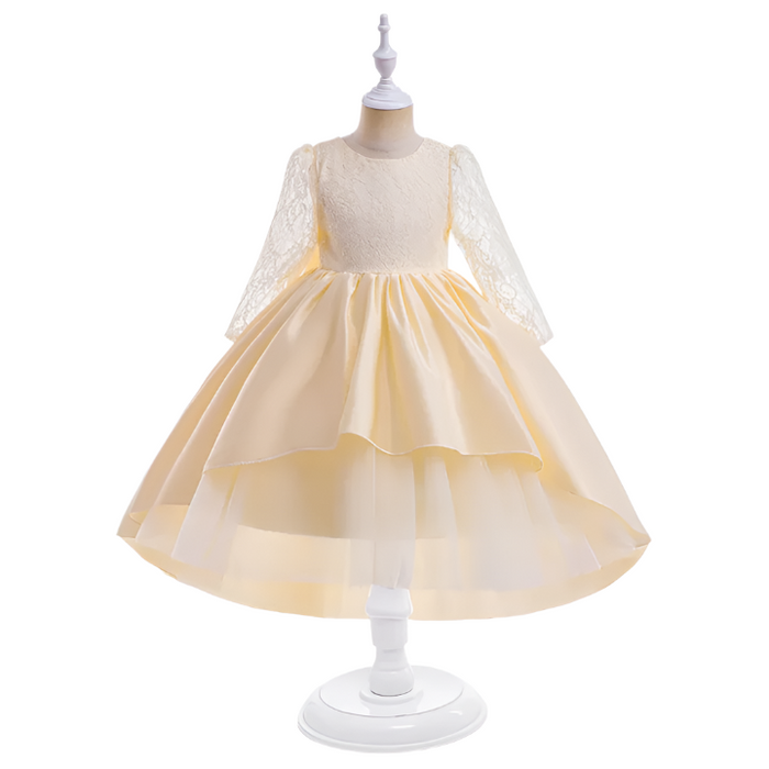 rincess Dress Long Sleeve Satin Piano Birthday Bowknot High-end Dress for Girl Summer Seasons