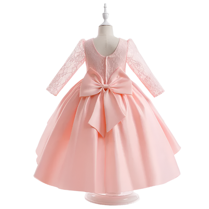 rincess Dress Long Sleeve Satin Piano Birthday Bowknot High-end Dress for Girl Summer Seasons