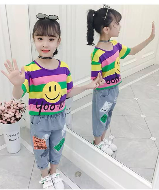 Cute Smile Denim Pant with Colorful Stripped T-shirt