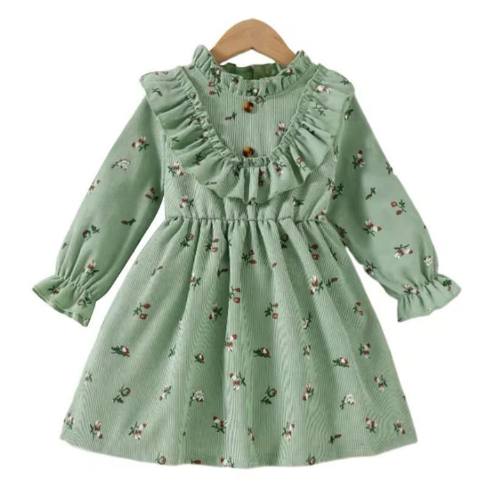 Green Cotton Girls Floral Dress