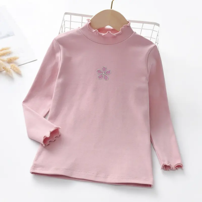 High Quality Girls Pullover 100%Cotton Autumn Long Sleeve Kids Girls Ruffle T Shirt
