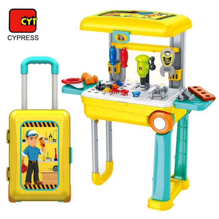 2 in 1 Trolley Case Plastic Assemble Workshop Pretend Play Tool Box Set Table Toy