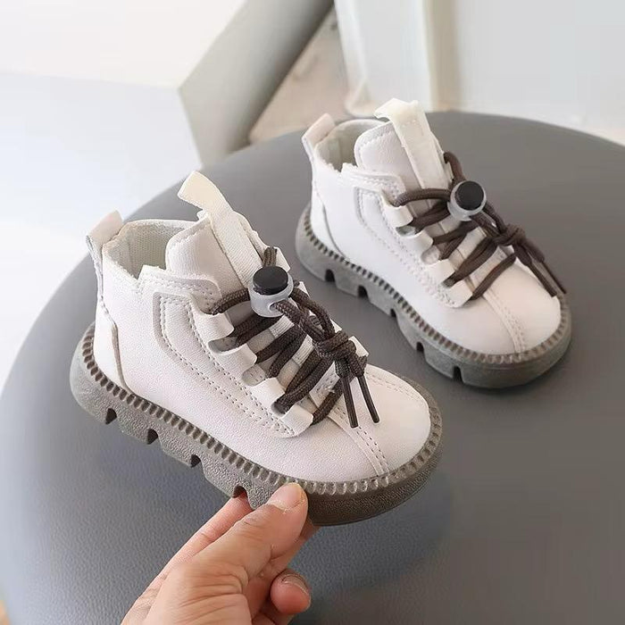 Autumn Winter Little Boys PU Leather Boots Anti-slip Shoes Lace up Unisex Children's Plush Shoes