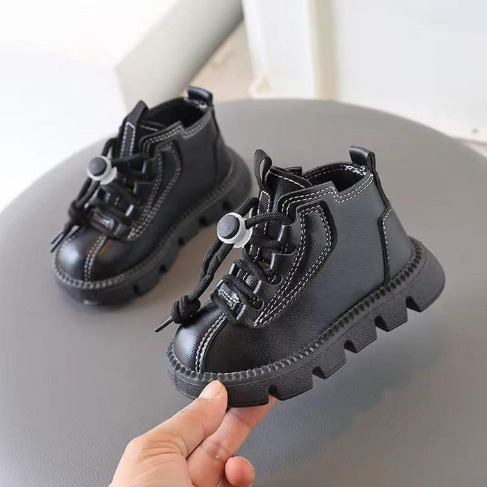 Autumn Winter Little Boys PU Leather Boots Anti-slip Shoes Lace up Unisex Children's Plush Shoes