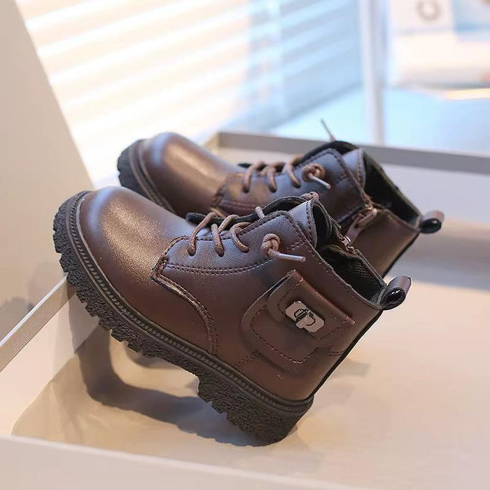 Korean Fashion Spring Big Round Head Children's Shoes Autumn New Boys Leather High-top Casual Girls Leather Boots