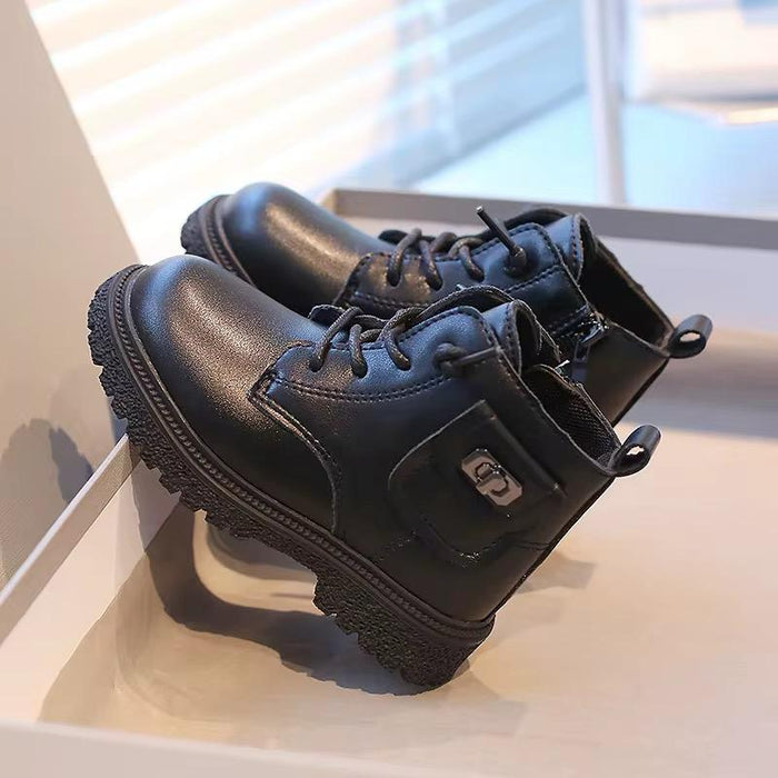 Korean Fashion Spring Big Round Head Children's Shoes Autumn New Boys Leather High-top Casual Girls Leather Boots