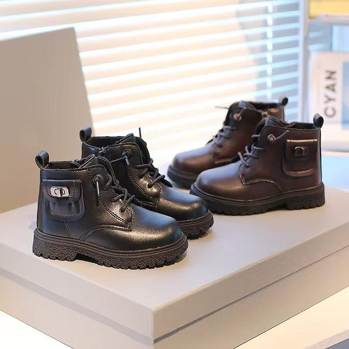 Korean Fashion Spring Big Round Head Children's Shoes Autumn New Boys Leather High-top Casual Girls Leather Boots