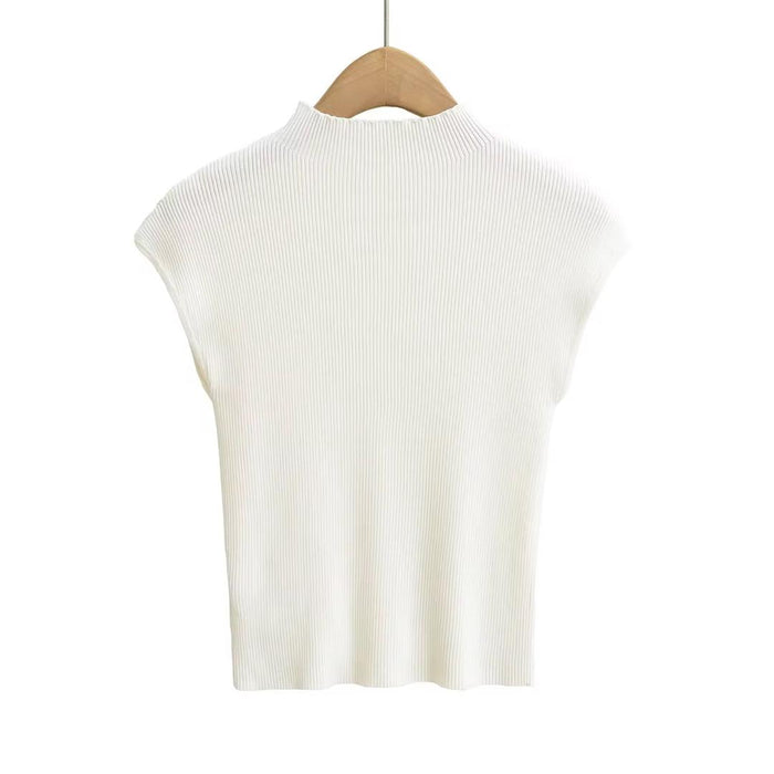 Women 2024 New Fashion Half Collar Shoulder Vest Tank Tops Retro Casual Female Waistcoat Chic Tops
